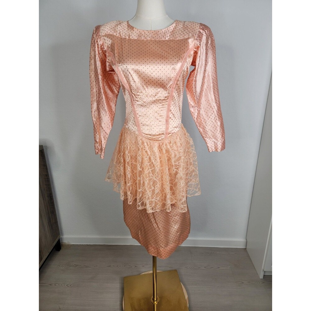 Vintage Homemade Homecoming Mid 80s Party Dress Peach Lace Sheath Peplum S - Picture 10 of 17